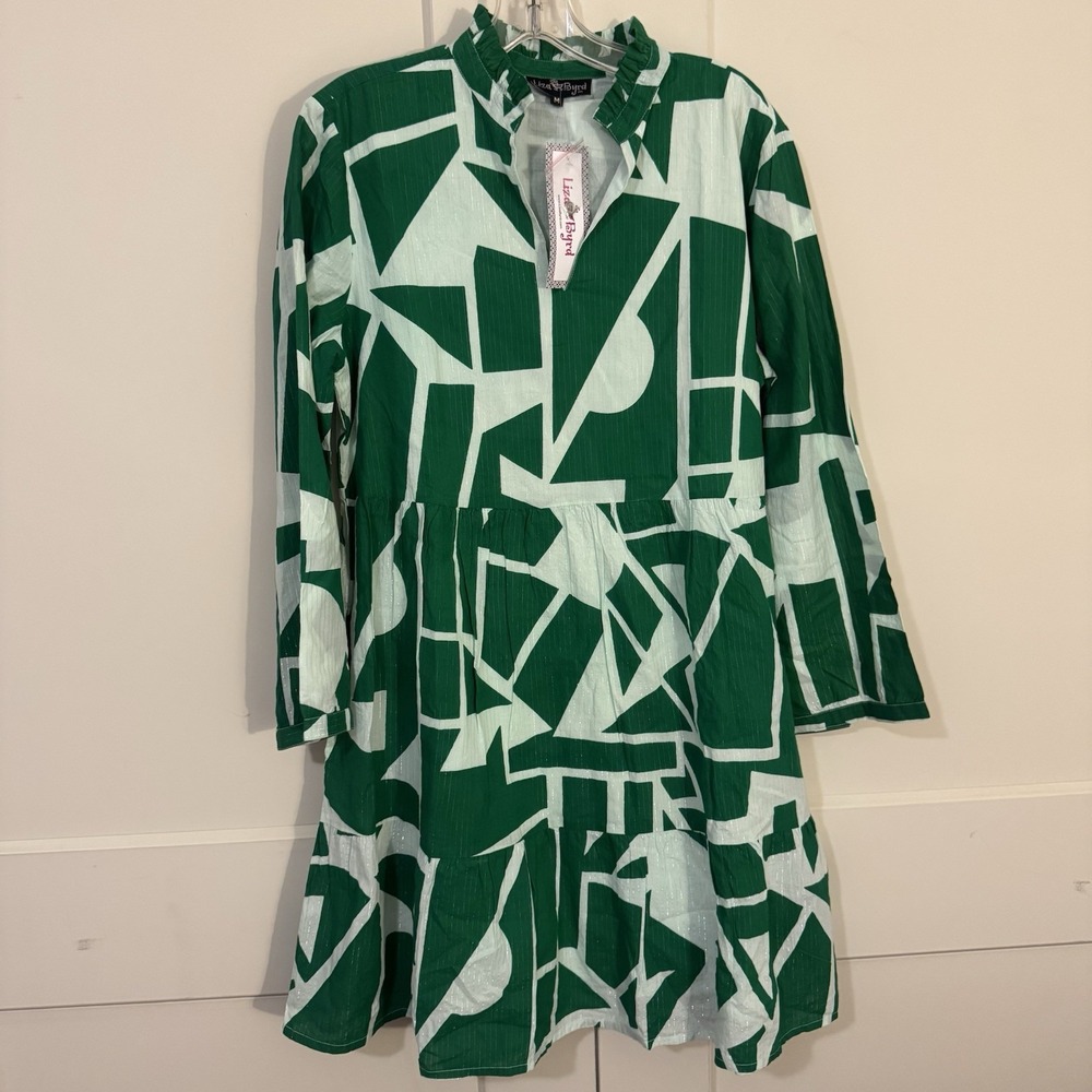 NEW Liza Byrd Green Geometric Tiered Midi Shirt Dress Sz M 100% Cotton Pockets